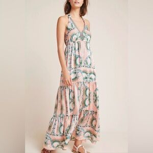 Anthropologie Artelier Nicole Miller Moroccan Print Halter‎ Maxi Dress Boho 12